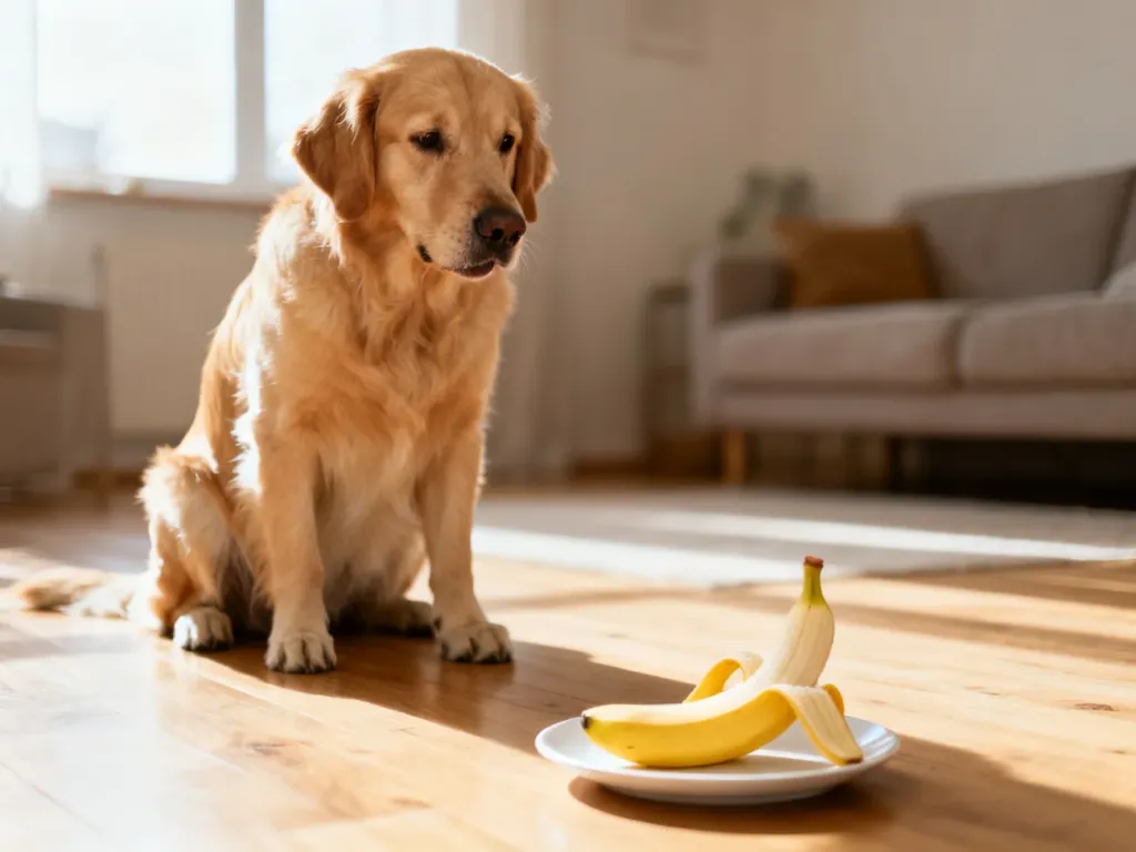 Złoty retriever siedzi na podłodze i z zaciekawieniem patrzy na obrany banan na talerzyku.