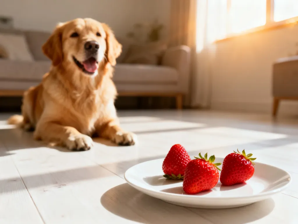 Zadowolony golden retriever siedzący obok talerzyka ze świeżymi truskawkami w słonecznym salonie.